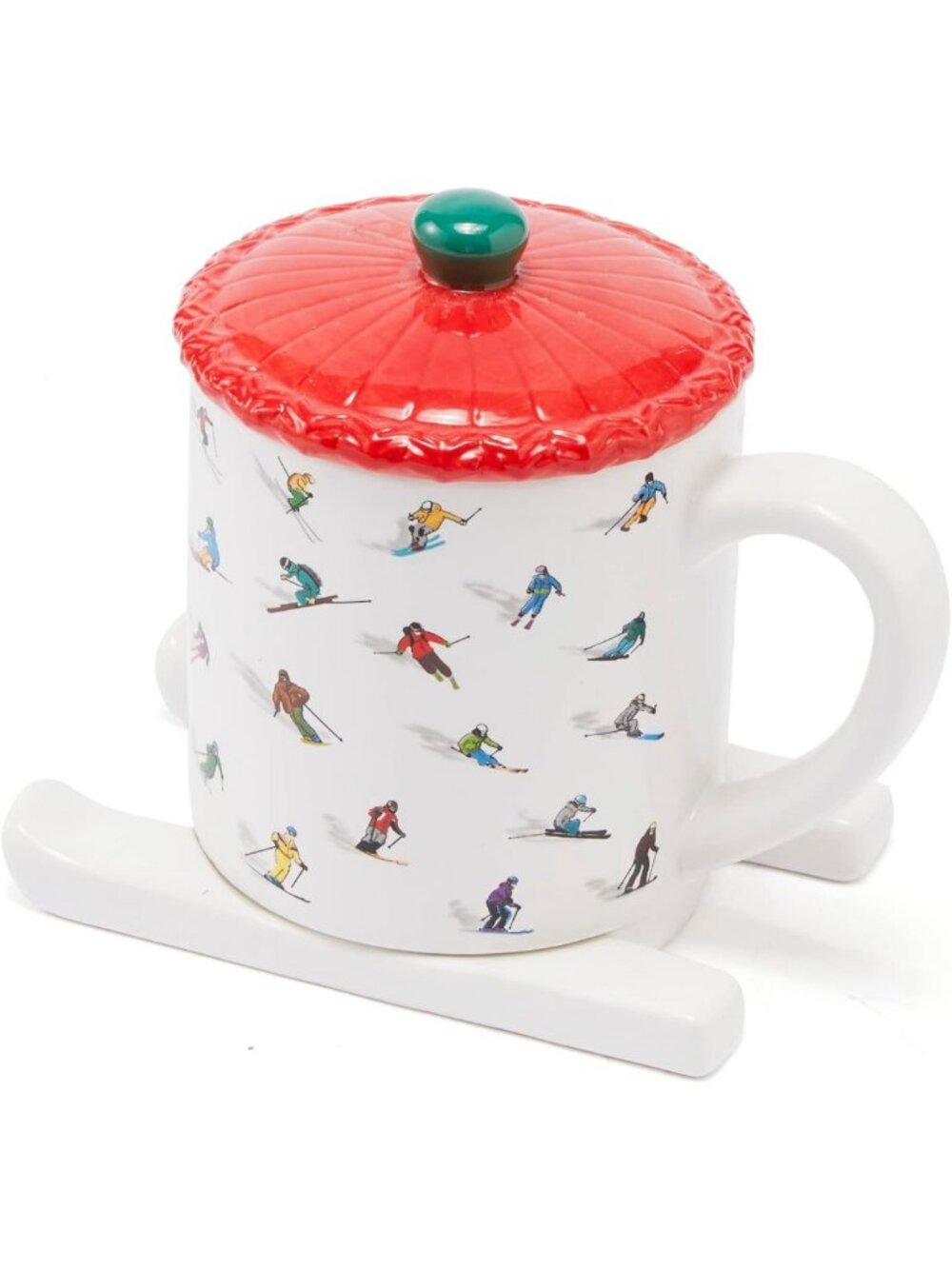 Ski-Themed 16 Oz Ceramic Coffee Mug with Beanie Lid & Skis - Funny Gift for